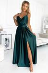 KIARA Sukienka maxi długa na satynowa z rozcięciem butelkowa zieleń w sklepie internetowym Divine Wear 