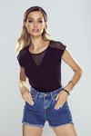 Koszulka damska dopasowana z krótkim rękawem z tiulowym V-dekoltem Alessia czarna w sklepie internetowym SklepKZ