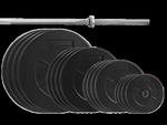 Zestaw 85kg (4x10, 4x5, 4x,2,5, 4x1,25) Obciążenie bitumiczne 29mm + gryf prosty 180cm w sklepie internetowym Platinum Fitness 