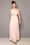 3805-1 Długa suknia tiulowa, zakładana na jedno ramię, z ozdobnymi srebrnymi kamieniami - pudrowy róż w sklepie internetowym LadyStyle