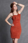 4102-2 Sukienka ze świecącego kreszu z zakładkami na biuście z podszewką - pomarańczowy w sklepie internetowym LadyStyle