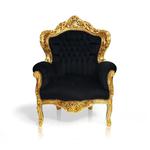Barokowy, dekoracyjny fotel królewski, złota, drewniana rama, czarne, welurowe obicie. w sklepie internetowym Impresje24.pl