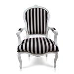 Dekoracyjny fotel Luisa, podłokietniki, biała, drewniana rama, obicie tkanina w czarno- jasnoszare pasy. w sklepie internetowym Impresje24.pl
