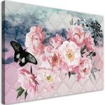 Obraz na płótnie, Różowe kwiaty i czarny motyl - 90x60 w sklepie internetowym Dekorys