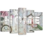 Obraz pięcioczęściowy na płótnie, Napis Home szare drewno i kwiaty - 150x100 w sklepie internetowym Dekorys
