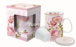 KUBEK PORCELANOWY z ZAPARZACZEM I POKRYWKĄ - Floral Damask (316 FLDA) w sklepie internetowym Przestrzen.com.pl