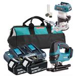 Zestaw MAKITA DJV180Z + DRT50ZX4 akumulatorowa wyrzynarka z ruchem wahadłowym / frezarko-wycinarka 6mm / 8mm 18V DC18RD + 2xBL1830 w sklepie internetowym Makita Sklep 