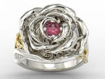 Pierścionek z białego i żółtego złota w kształcie róży z rubinem i diamentami AP-95BZ w sklepie internetowym Wec.com.pl
