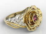 Pierścionek z żółtego i białego złota w kształcie róży z rubinem i cyrkoniami AP-95ZB-C w sklepie internetowym Wec.com.pl