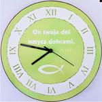 Zegar z tekstem biblijnym z rybką On twoje dni nasyca dobrami Ps 103,5 (MG-ZG-011) w sklepie internetowym Księgarnia Dobrego Pasterza