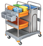 Wózek serwisowy do sprzątania: 2 x półka, 4 wiaderko 6 litrów, 2 x koszyczek, worek 120 L w sklepie internetowym esilver.eu