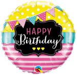 Balon foliowy 18" Happy Birthday, różowe paski i flagi w sklepie internetowym Party world