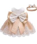 Wizytowa dziecięca sukienka na chrzciny z beżowym tiulem, wesele w komplecie z opaską 911 w sklepie internetowym Lejdi.pl