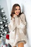 Dzianinowa beżowa sukienka Christmas Magic ze śnieżkami na zimę, Świeta, Mikołajki 6193 w sklepie internetowym Lejdi.pl
