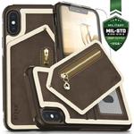 Zizo Nebula Wallet Case - Skórzane etui iPhone X z kieszeniami na karty + saszetka na zamek + szkło 9H na ekran (Dark Brown/Brown) w sklepie internetowym iShock.pl