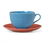 Lyngby Porcelain RHOMBE Filiżanka do Herbaty 390 ml Niebieska z Czerwonym Spodkiem w sklepie internetowym DesignForHome.pl