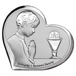 Obrazek na komunię świętą srebrny z grawerem pamiątka pierwszej komunii dla chłopca serce | Rozmiar: 15.5x14 cm | SKU: BC6518/3O w sklepie internetowym PasazHandlowy.eu