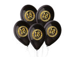 Balony lateksowe z nadrukiem "18" czarne - 30 cm - 5 szt. w sklepie internetowym Partyshop Congee.pl