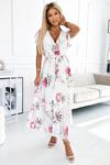 434-6 LISA Plisowana sukienka midi z dekoltem i falbankami - wiosenne kwiaty na białym tle w sklepie internetowym MyButik.pl