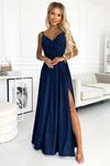 299-10 CHIARA elegancka maxi suknia na ramiączkach - GRANATOWA Z BROKATEM w sklepie internetowym MyButik.pl