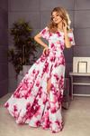 194-2 Długa suknia z hiszpańskim dekoltem - duże różowe kwiaty w sklepie internetowym MyButik.pl